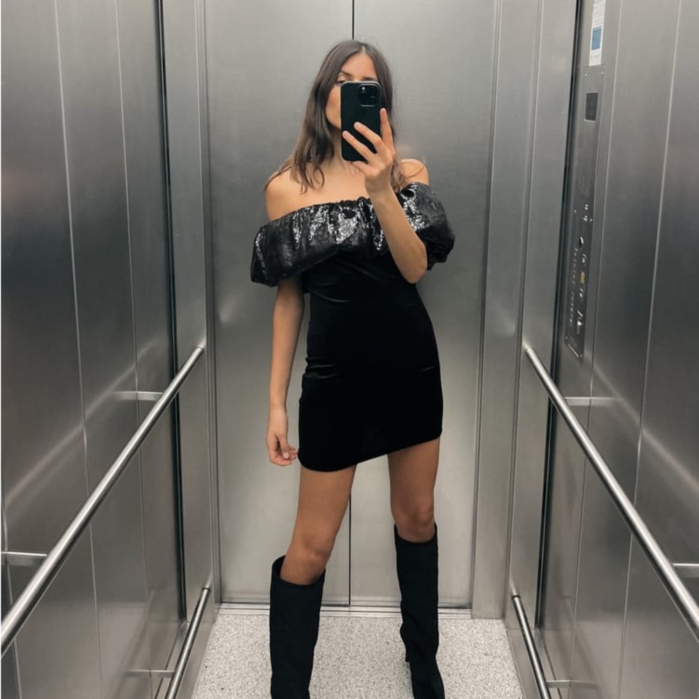 Velvet Sequin Off the Shoulder Mini Dress